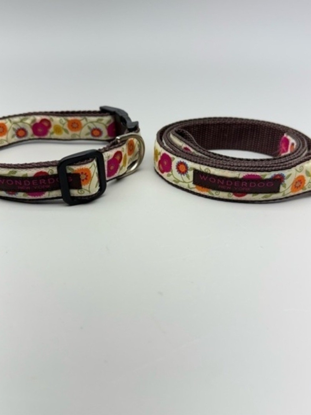 Floral Dog Collar and Leash Set - Brown with Pink & Orange Flowers